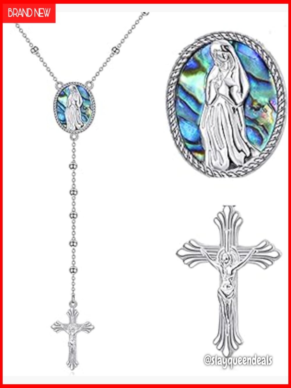 Sterling Silver Rosary Necklace Cross Virgin Mary Pendant Catholic Jewelry Gift
